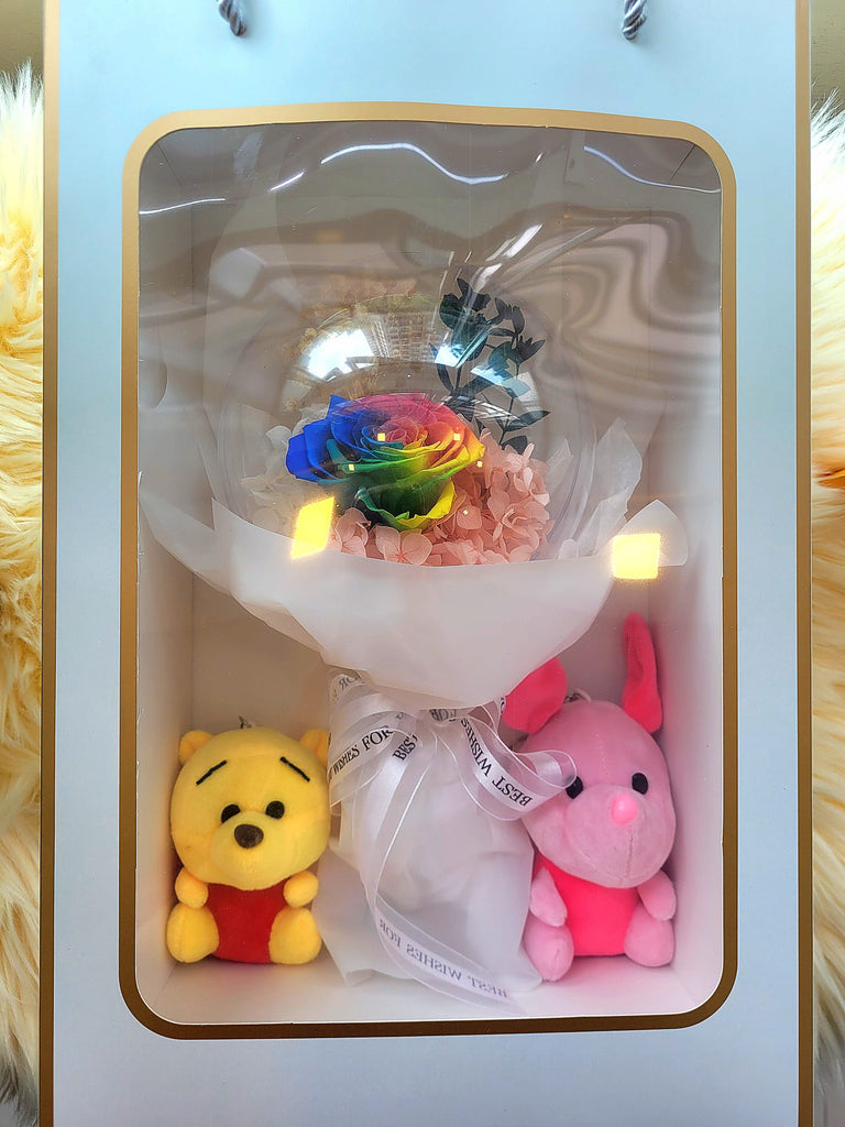 Acrylic Ball Preserved Rainbow Rose Flowers Bouquet with Winnie The Pooh & Piglet Plush