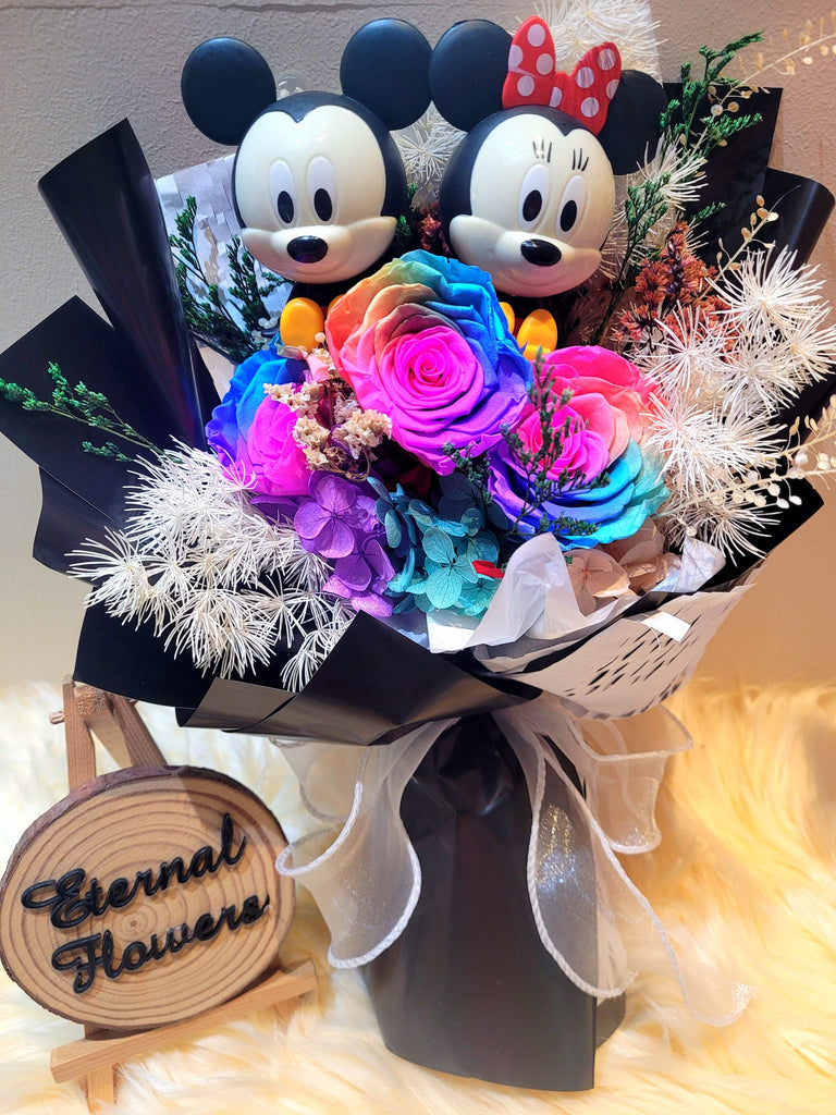 Eternal Couple Mickey and Minnie Mouse with Rainbow Preserved Roses Bouquet & Classy Black Wrapper.