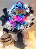 Rainbow Preserved Roses Bouquet With Classy Black Wrapper With Stitch
