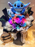 Rainbow Preserved Roses Bouquet With Classy Black Wrapper With Stitch
