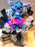 Rainbow Preserved Roses Bouquet With Classy Black Wrapper With Stitch