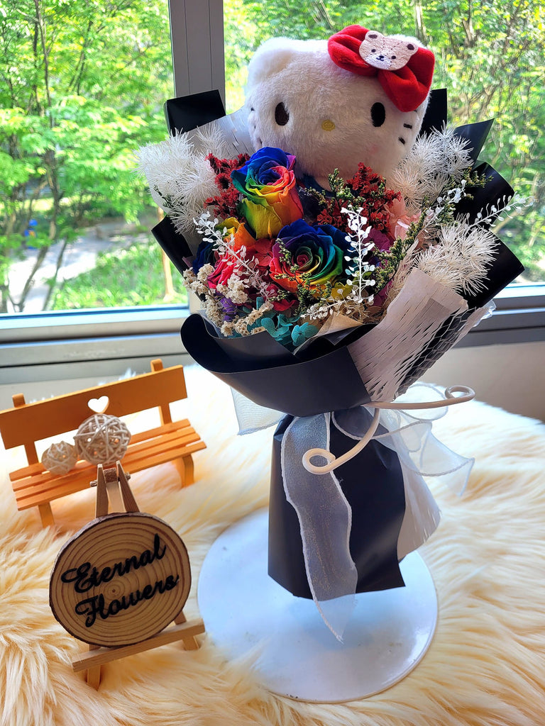 Rainbow Preserved Roses Bouquet With Hello Kitty Plush Toy. 100% High Quality Real Flowers. Same Day Delivery.