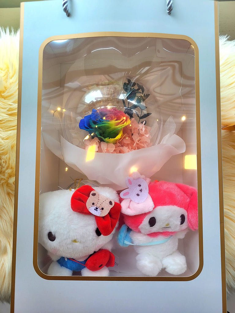 Acrylic Ball Preserved Rainbow Rose Flowers Bouquet with Hello Kitty and My Melody Plush