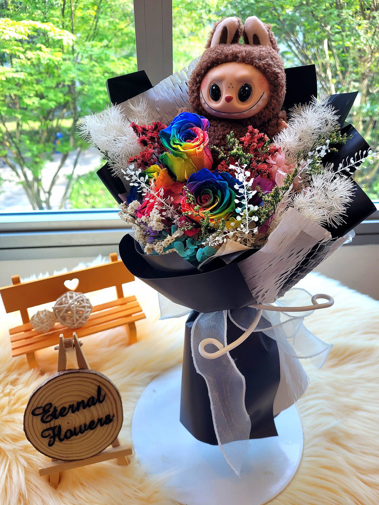 Rainbow Preserved Roses Bouquet With Labubu Plush Toy. Same Day Delivery.