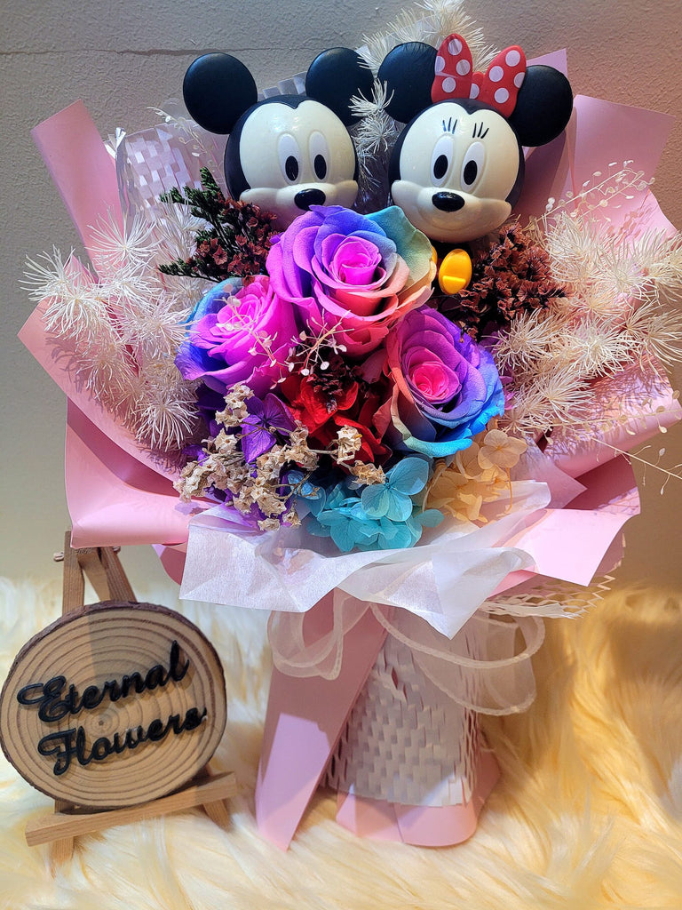 Eternal Couple Mickey and Minnie Mouse with Rainbow Preserved Roses Bouquet & Elegant Pink Wrapper