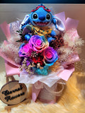 Rainbow Preserved Roses Bouquet With Elegant Pink Wrapper With Stitch