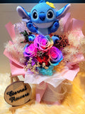 Rainbow Preserved Roses Bouquet With Elegant Pink Wrapper With Stitch