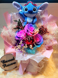 Rainbow Preserved Roses Bouquet With Elegant Pink Wrapper With Stitch