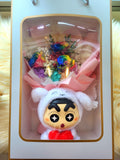 (LIMITED EDITION) Rainbow Preserved Roses Bouquet With Elegant Pink Wrapper & Limited Edition Crayon Shin-Chan Vinyl Plush Toy. Same Day Delivery.