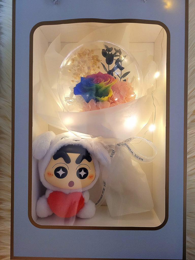 Acrylic Ball Preserved Rainbow Rose Flowers Bouquet With Crayon Shin-Chan Plush