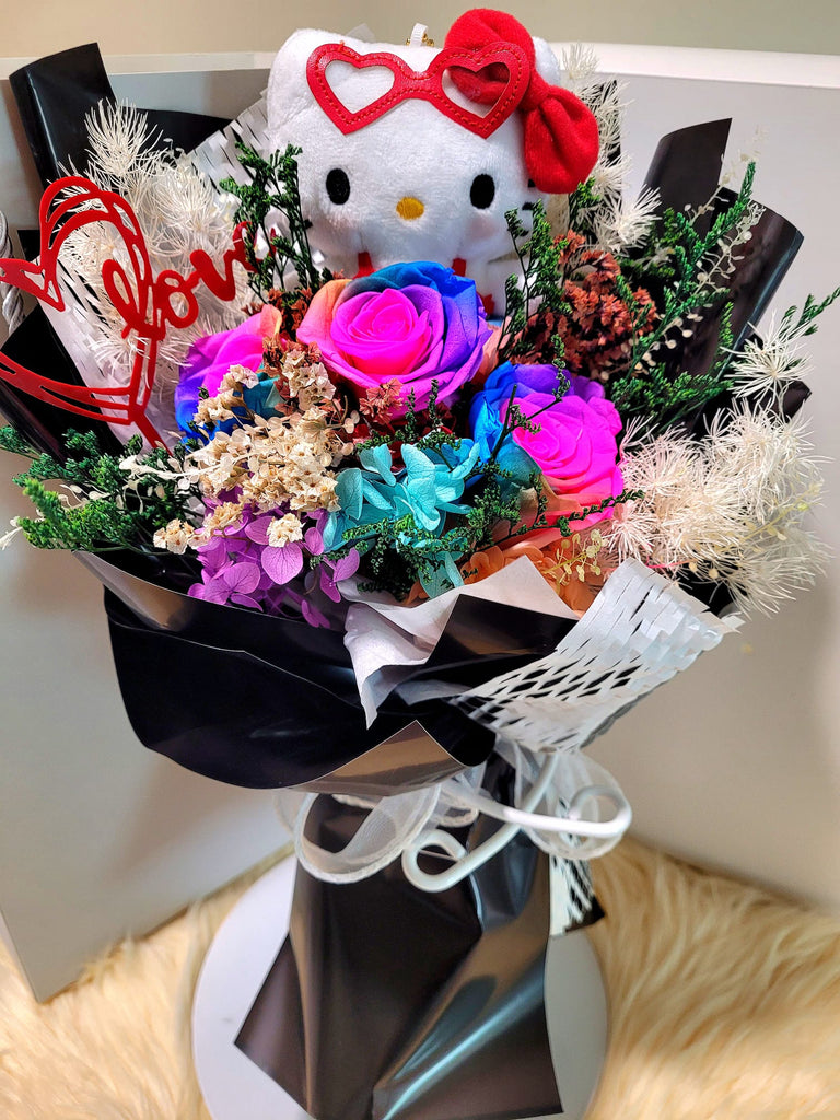 Rainbow Preserved Roses Bouquet With Hello Kitty Plush Toy. 100% High Quality Real Flowers. Same Day Delivery. Rainbow Preserved Roses Bouquet With Hello Kitty Plush Toy. 100% High Quality Real Flowers. Same Day Delivery.
