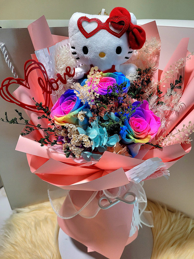 Rainbow Preserved Roses Bouquet and Hello Kitty Plush Toy Rainbow Preserved Roses Bouquet and Hello Kitty Plush Toy