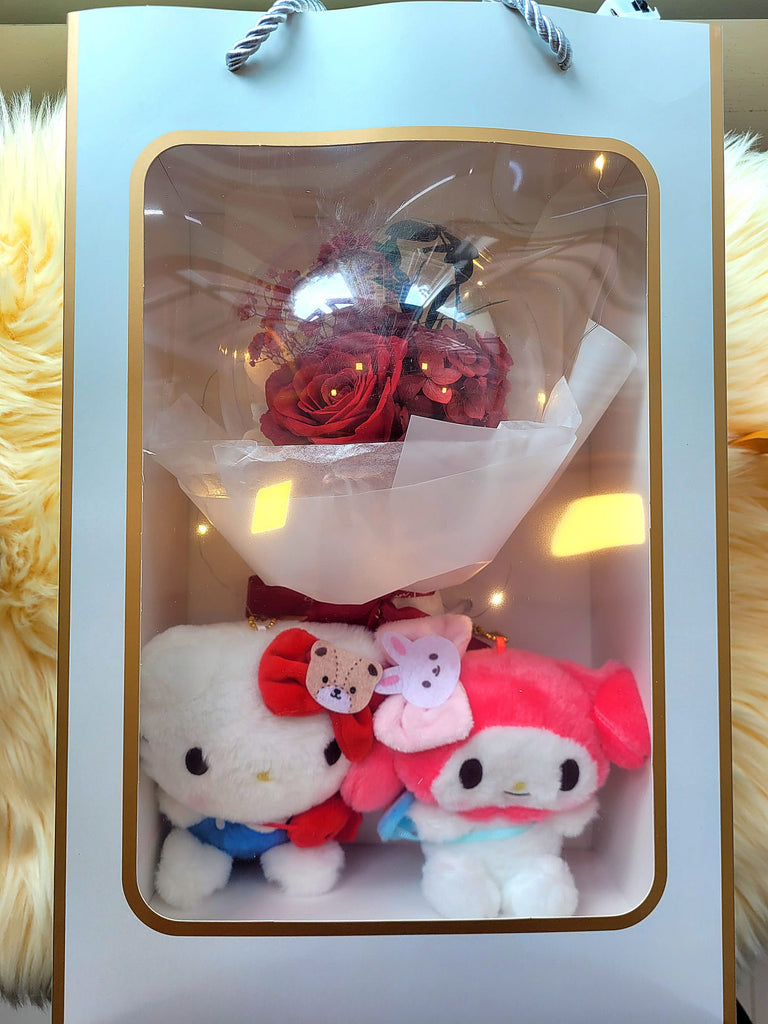 Acrylic Ball Preserved Red Rose Flowers Bouquet With Hello Kitty & My Melody Plush Toys