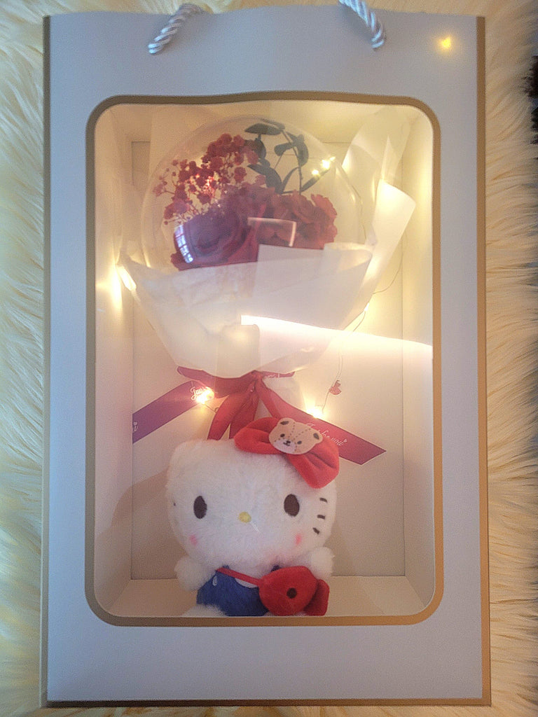 Acrylic Ball Preserved Red Rose Flowers Bouquet With Hello Kitty Plush Toy