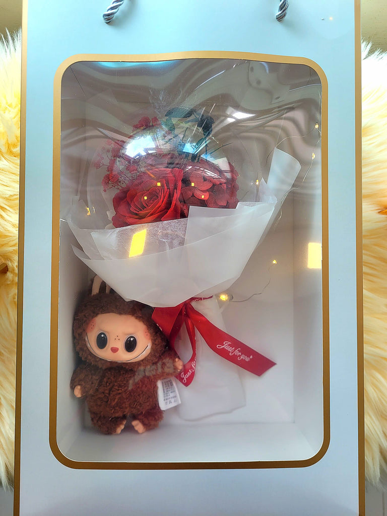 Acrylic Ball Preserved Red Rose Flowers Bouquet With Labubu Plush Toy