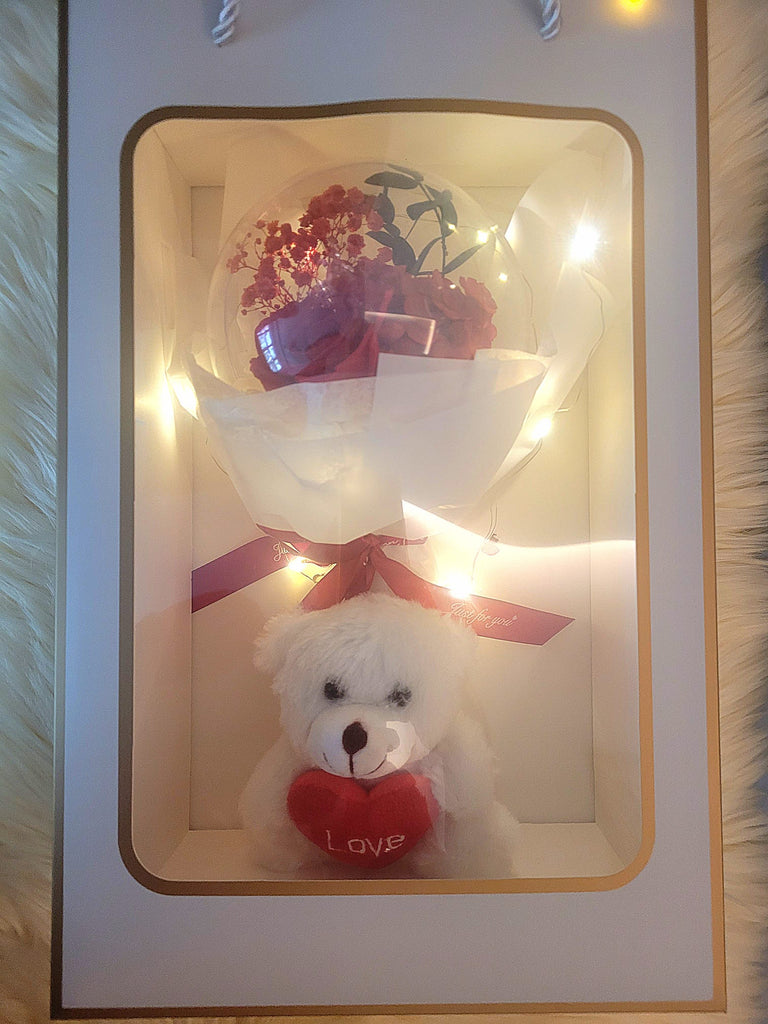 Acrylic Ball Preserved Red Rose Flowers Bouquet With Love Bear Plush Toy