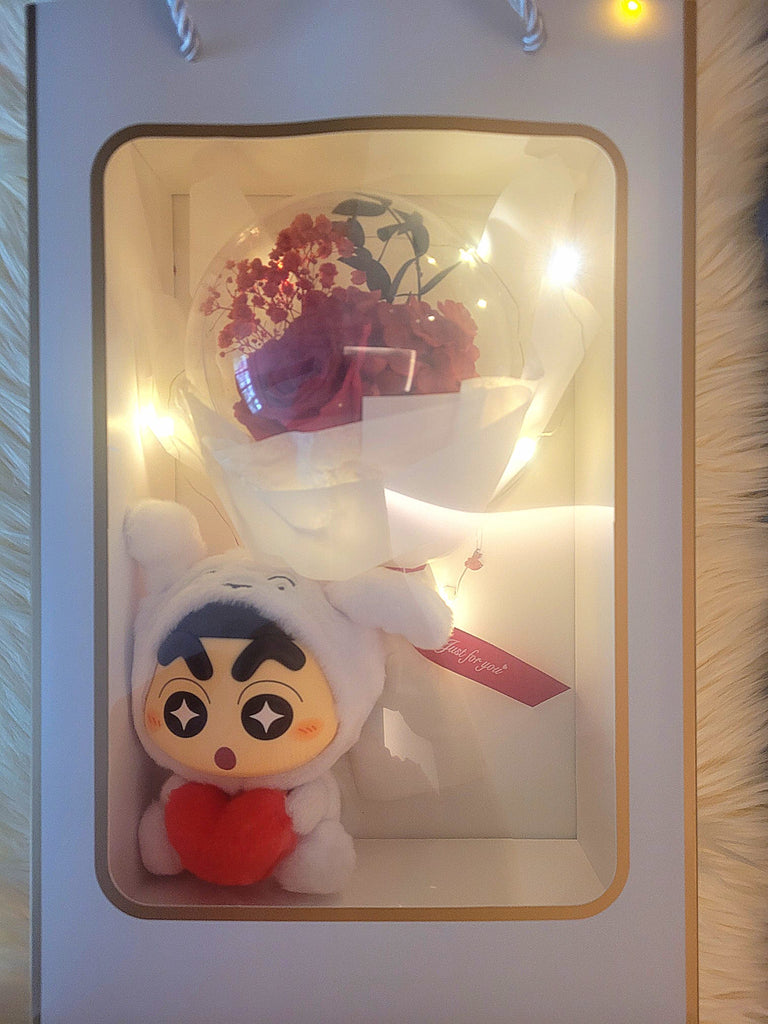 Acrylic Ball Preserved Red Rose Flowers Bouquet With Crayon Shin-Chan Vinyl Plush Toy