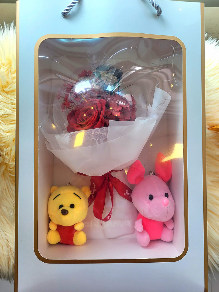 Acrylic Ball Preserved Red Rose Flowers Bouquet With Winnie The Pooh & Piglet Plush Toys