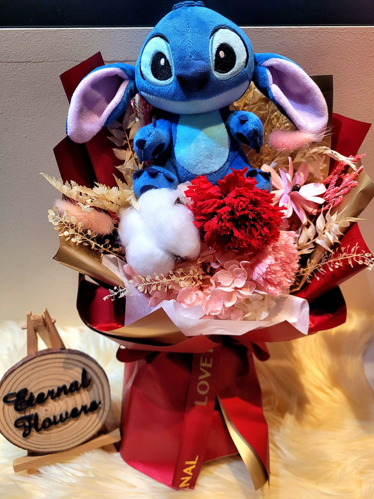 Eternal Blossoms Preserved Red Carnation Bouquet With Stitch Plush