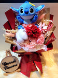Eternal Blossoms Preserved Red Carnation Bouquet With Stitch Plush