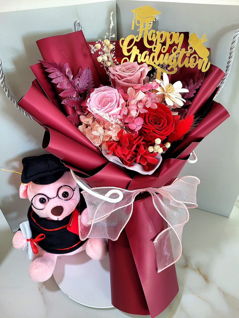 Graduation Bouquet: Eternal Elegance Red Pink Preserved Roses With Teddy Bear.