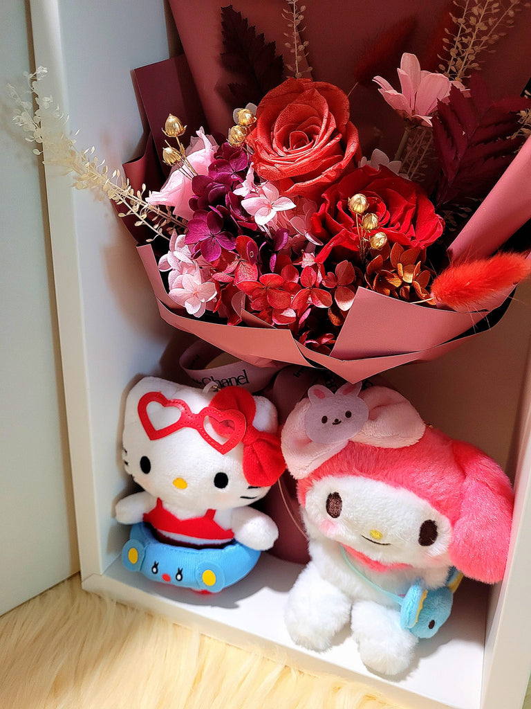 Eternal Elegance Red Preserved Roses Bouquet With Hello Kitty & My Melody Plush Toy