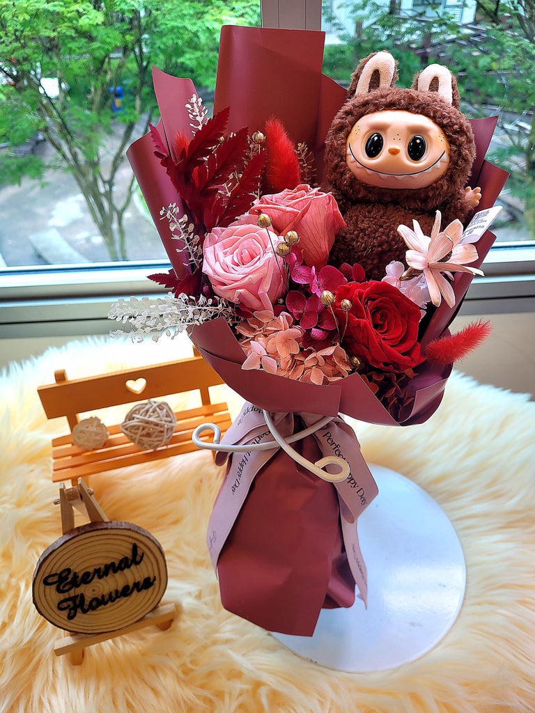 Eternal Elegance Red Preserved Roses Bouquet With Labubu Plush Toy