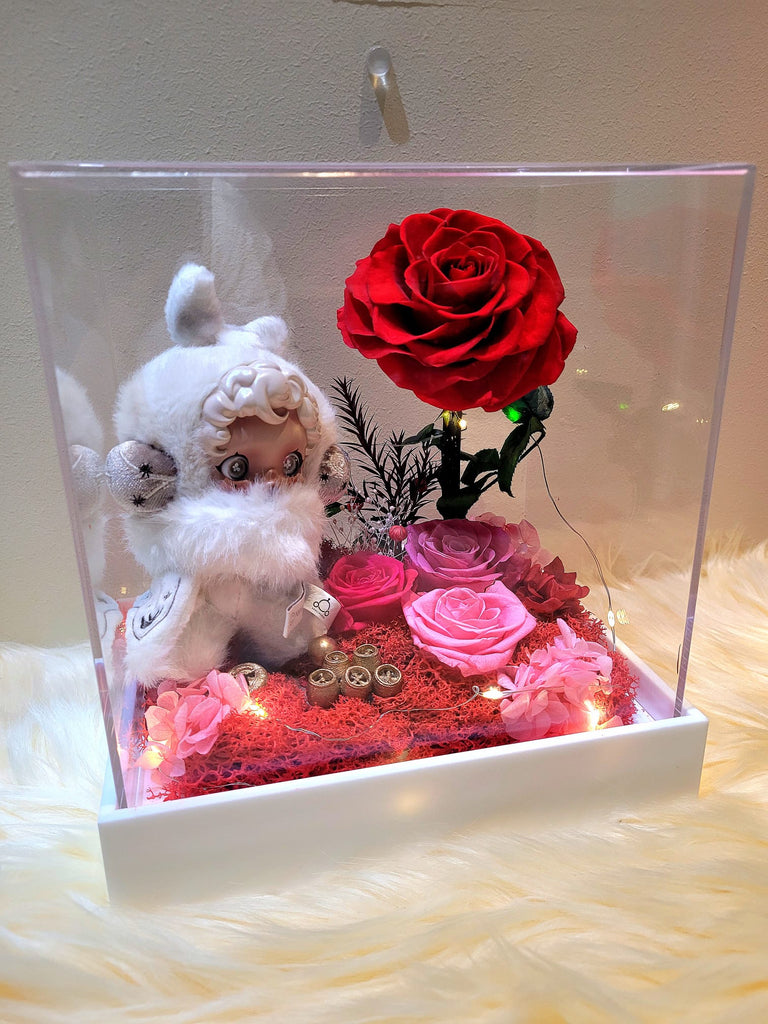 Premium Authentic SkullPanda Plush & Preserved Flowers In Acrylic Box
