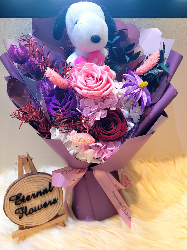 Timeless Romance Dark Purple, Dark Red and Light Pink Preserved Roses Bouquet With Snoopy Plush