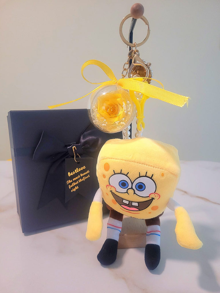 Yellow Rose Preserved Flower Charm With Spongebob Plush Yellow Rose Preserved Flower Charm With Spongebob Plush