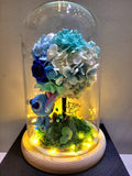 Premium Miniso Stitch Hydrangea Tree With Preserved Roses in Glass Dome