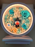 Table Lamp With Preserved Flowers and Doraemon. 100% High Quality Real Flowers. Same Day Delivery.