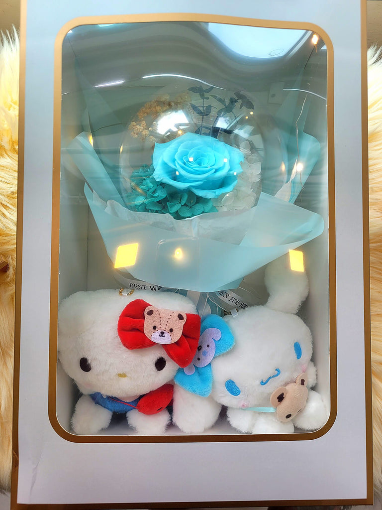 Acrylic Ball Preserved Tiffany Rose Flowers Bouquet With Hello Kitty & Cinnamoroll Plush Toys