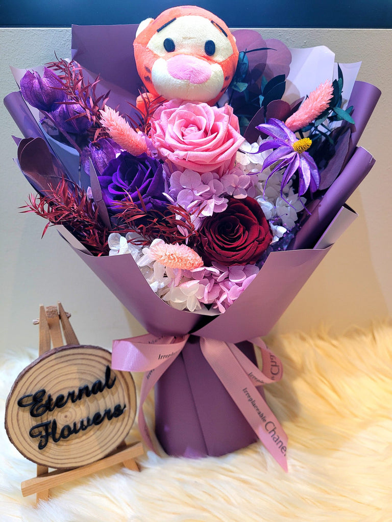 Timeless Romance Dark Purple, Dark Red and Light Pink Preserved Roses Bouquet With Tigger Plush