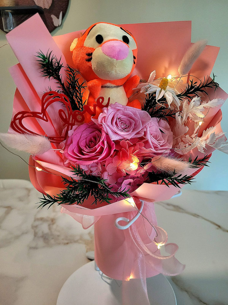 Forever In Love Preserved Flowers Bouquet With Tigger Plush Toy. 100% High Quality Real Flowers. Same Day Delivery.