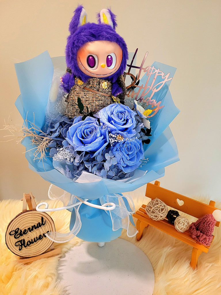 Timeless Romance Blue Preserved Roses Bouquet With Labubu Wings Of Fortune Plush Toy. Same Day Delivery.