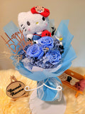 Timeless Romance Blue Preserved Roses Bouquet With Hello Kitty Plush Toy. Same Day Delivery.