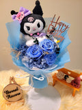 Timeless Romance Blue Preserved Roses Bouquet With Kuromi Plush Toy. Same Day Delivery.