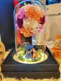 Premium Eternal Couple Hydrangea Tree With Preserved Roses in Glass Dome (With option to add a personalised photo or choose your own figurines)