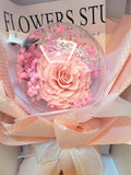 Acrylic Ball Preserved Pink Rose Flowers Bouquet With Love Bear Plush