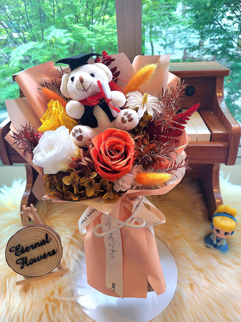 Graduation Bouquet: Eternal Elegance Orange Yellow White Preserved Roses With Teddy Bear v2