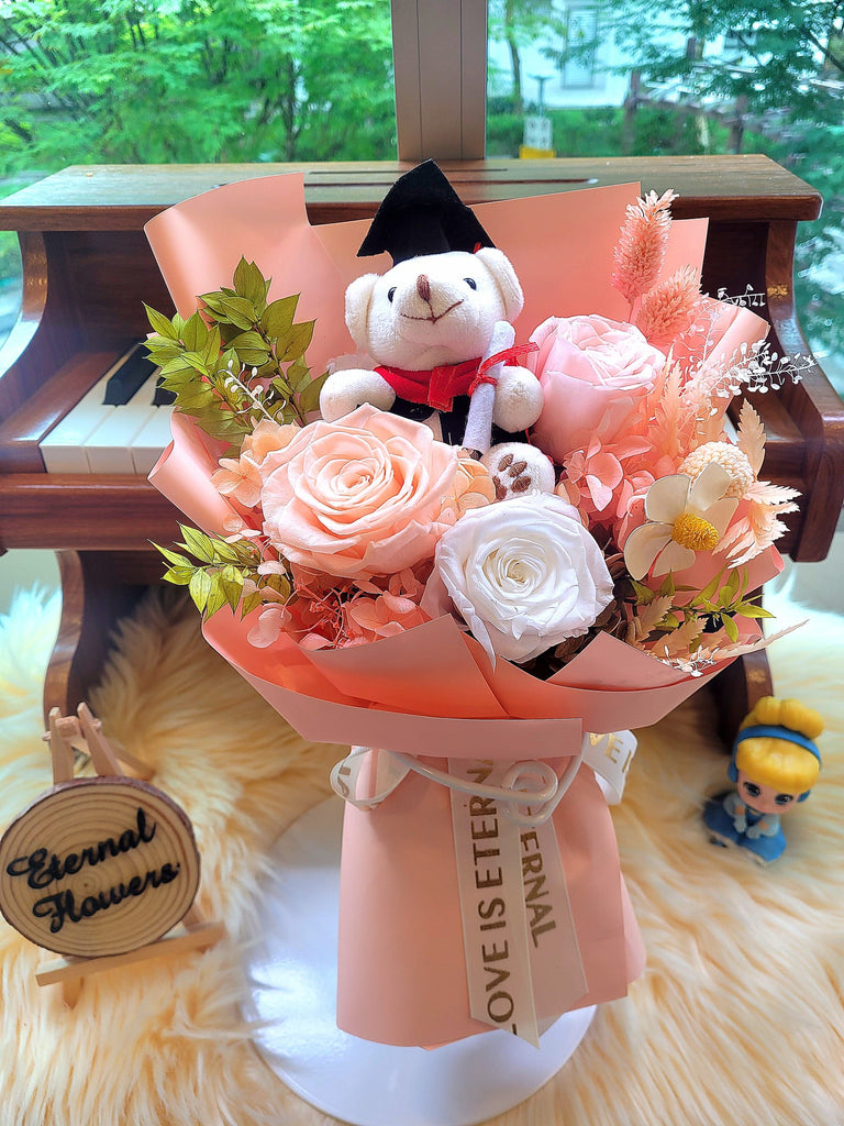 Graduation Bouquet: Eternal Elegance Champagne White Pink Preserved Roses With Teddy Bear v2