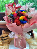 Rainbow Preserved Roses Bouquet With Elegant Pink Wrapper. 100% High Quality Real Flowers.