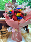 Rainbow Preserved Roses Bouquet With Elegant Pink Wrapper. 100% High Quality Real Flowers.