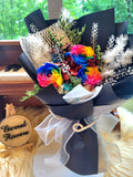 Graduation Bouquet: Rainbow Preserved Roses Bouquet With Classy Black Wrapper And Teddy Bear