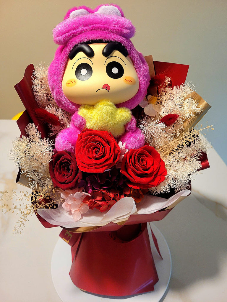Timeless Romance Dark Red, Wine Red and Antique Red Preserved Roses Bouquet With Crayon Shin-Chan Vinyl Plush