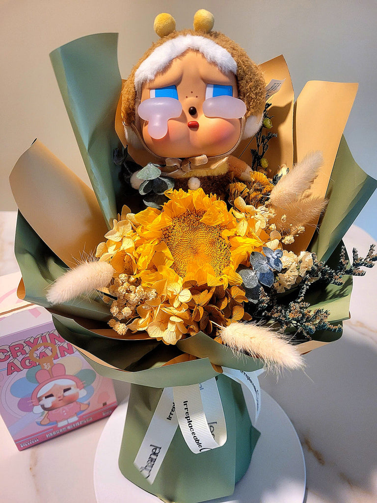 AUTHENTIC CRYBABY plush with Eternal Blossoms Preserved Sunflower Bouquet.