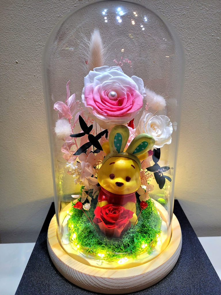 Premium Miniso Winnie The Pooh Preserved Flower Dome With Pink Roses And Same Day Delivery