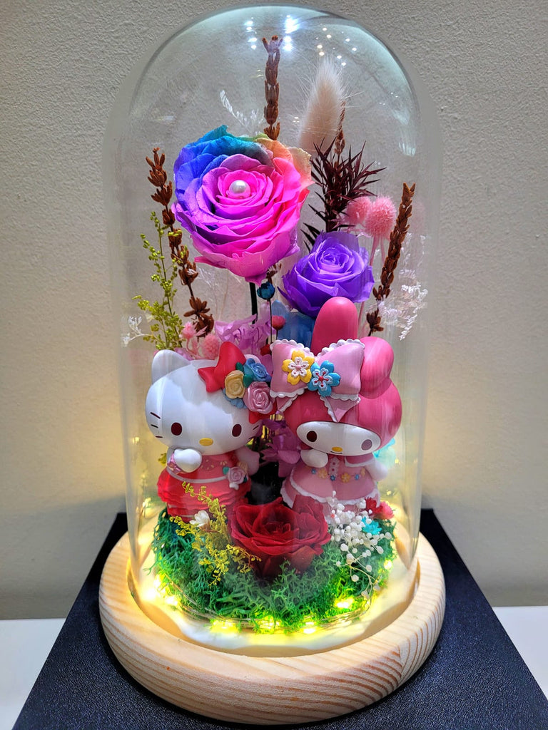 Premium Sanrio Preserved Flower Dome With Rainbow Roses And Same Day Delivery