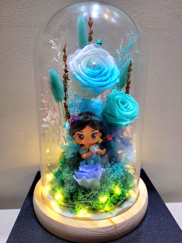 Princess Jasmine Preserved Flower Dome With Multi-Blue Roses And Same Day Delivery